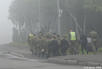 Soldiers marching in the fog. Petropavlovsk used to be a closed military zone.